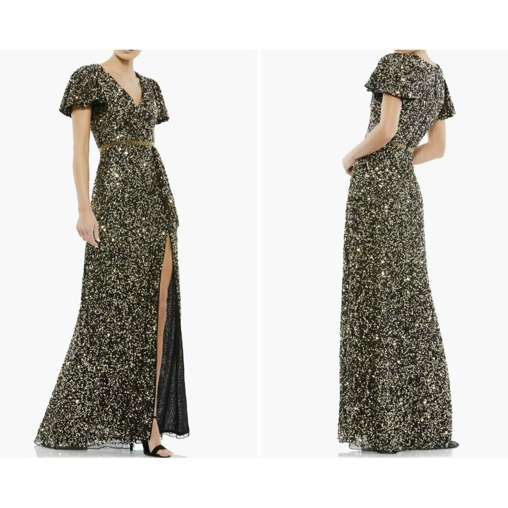 Mac Duggal Black Gold Sequins Flutter Sleeve Maxi Dress Formal Gown NWT Size 16